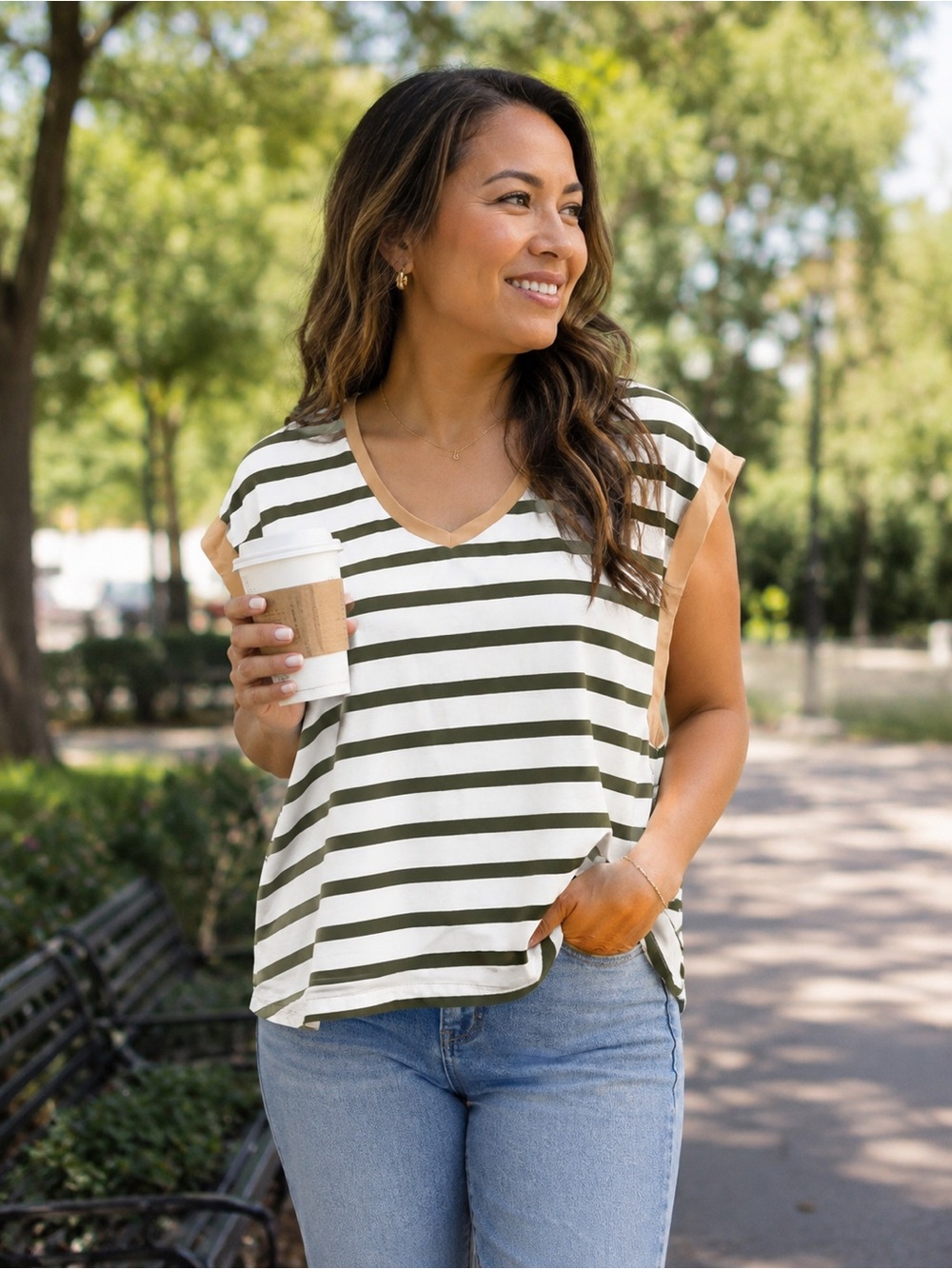 Halogen NWOT Striped Cap Sleeve V-Neck Top
